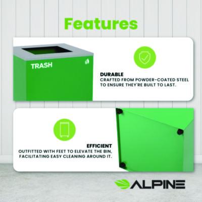 Alpine Industries 29 Gallon Trash/Recycling Cans, Steel, Green Trash Can with Square Lid (ALH4450KITGRNST) ALH4450KITGRNST
