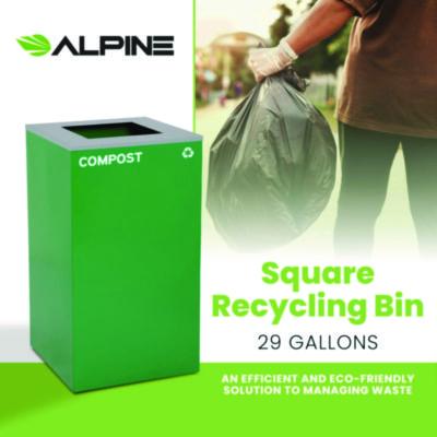 Alpine Industries 29 Gallon Trash/Recycling Cans, Steel, Green Compost Can with Square Lid (ALH4450KITGRNSC) ALH4450KITGRNSC