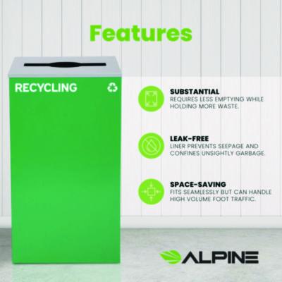 Alpine Industries 29 Gallon Trash/Recycling Cans, Steel, Green Recycling Can with Mixed Lid (ALH4450KITGRNMR) ALH4450KITGRNMR