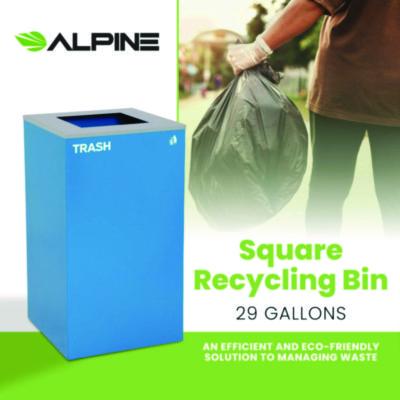 Alpine Industries 29 Gallon Trash/Recycling Cans, Steel, Blue Trash Can with Square Lid (ALH4450KITBLUST) ALH4450KITBLUST