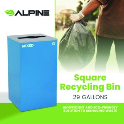 Alpine Industries 29 Gallon Trash/Recycling Cans, Steel, Blue Mixed Recycling Can with Mixed Lid (ALH4450KITBLUMM) ALH4450KITBLUMM