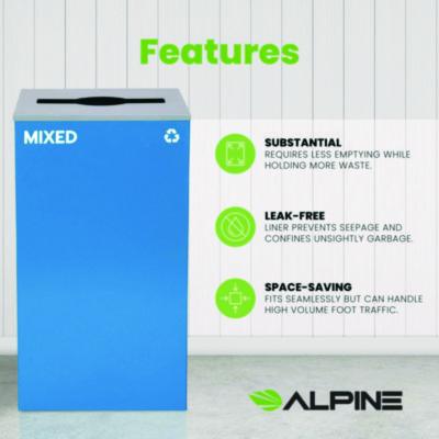 Alpine Industries 29 Gallon Trash/Recycling Cans, Steel, Blue Mixed Recycling Can with Mixed Lid (ALH4450KITBLUMM) ALH4450KITBLUMM