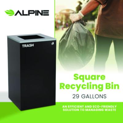 Alpine Industries 29 Gallon Trash/Recycling Cans, Steel, Black Trash Can with Square Lid (ALH4450KITBLKST) ALH4450KITBLKST