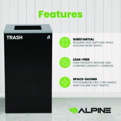 Alpine Industries 29 Gallon Trash/Recycling Cans, Steel, Black Trash Can with Square Lid (ALH4450KITBLKST) ALH4450KITBLKST