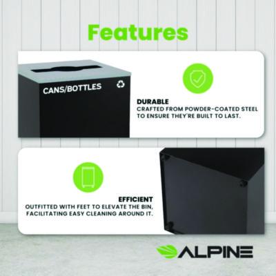 Alpine Industries 29 Gallon Trash/Recycling Cans, Steel, Black Cans/Bottles Recycling Can with Mixed Lid (ALH4450KITBLKMC) ALH4450KITBLKMC