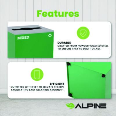 Alpine Industries 29 Gallon Trash/Recycling Cans, Steel, Green Mixed Recycling Can with Mixed Lid (ALH4450KITGRNMM) ALH4450KITGRNMM