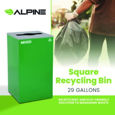 Alpine Industries 29 Gallon Trash/Recycling Cans, Steel, Green Mixed Recycling Can with Mixed Lid (ALH4450KITGRNMM) ALH4450KITGRNMM