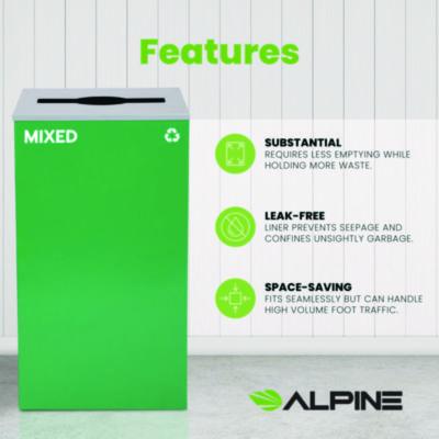 Alpine Industries 29 Gallon Trash/Recycling Cans, Steel, Green Mixed Recycling Can with Mixed Lid (ALH4450KITGRNMM) ALH4450KITGRNMM