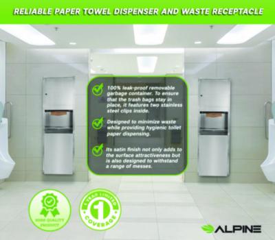 Alpine Industries Stainless Steel Recessed Paper Towel Dispenser with Waste Receptacle, 56 x 4 x 17 (ALHALP492) ALHALP492