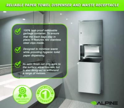 Alpine Industries Stainless Steel Recessed Paper Towel Dispenser with Waste Receptacle, 56 x 4 x 17 (ALHALP492) ALHALP492