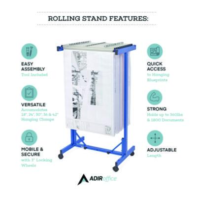 AdirOffice Expandable Blueprint Storage Cabinet Mobile Plan Center, Assorted Document Sizes, 20.5" x 28" to 46.5" x 50.75", Blue (ALHI615BLU) ALHI615BLU