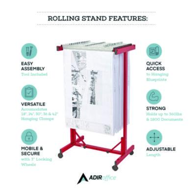 AdirOffice Expandable Blueprint Storage Cabinet Mobile Plan Center, Assorted Document Sizes, 20.5" x 28" to 46.5" x 50.75", Red (ALHI615RED) ALHI615RED