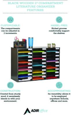 AdirOffice Wooden 27 Compartment Literature Organizer, 27 Sections, Letter Size, 31.49 x 11.81 x 21.65, Black (ALHIOF20101BLK) ALHIOF20101BLK