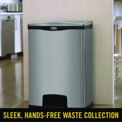 Slim Jim Stainless Steel Step-On Container, Front Step Style, 13 gal, Stainless Steel, Black