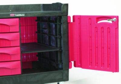 TradeMaster Cart with One Door, Plastic, 3 Shelves, 4 Drawers, 750 lb Capacity, 26.25