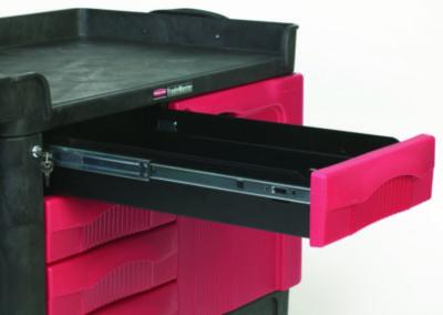 TradeMaster Cart with One Door, Plastic, 3 Shelves, 4 Drawers, 750 lb Capacity, 26.25