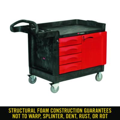 TradeMaster Cart with One Door, Plastic, 3 Shelves, 4 Drawers, 750 lb Capacity, 26.25