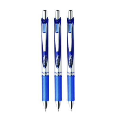 EnerGel RTX Gel Pen, Retractable, Medium 0.7 mm, Blue Ink, Blue/Silver Barrel, 3/Pack