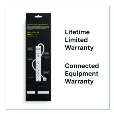 6-Outlet Plus USB Surge Protector, 6 AC Outlets/2 USB Outlets, 4 ft Cord, 1,500 J, White