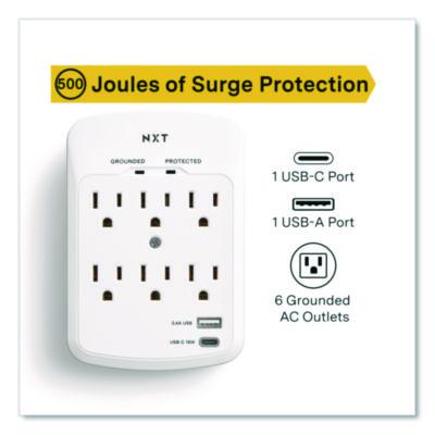 6-Outlet Plus USB Outlet Surge Protector, 6 AC Outlets/2 USB Outlets, 900 J, White
