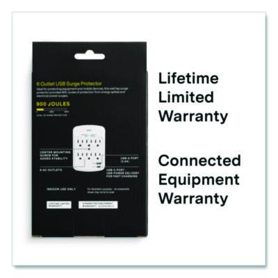 6-Outlet Plus USB Outlet Surge Protector, 6 AC Outlets/2 USB Outlets, 900 J, White