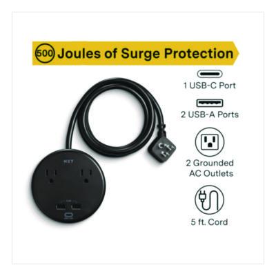 2-Outlet Plus USB Surge Protector, 2 AC Outlets/3 USB Outlets, 5 ft Cord, 500 J, Black