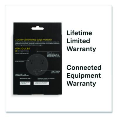 2-Outlet Plus USB Surge Protector, 2 AC Outlets/3 USB Outlets, 5 ft Cord, 500 J, Black