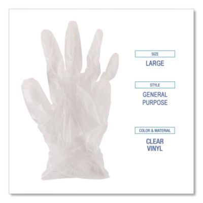 Boardwalk General Purpose Vinyl Gloves, Powder/Latex-Free, 2.6 mil, Large, Clear, 100/Box (BWK365LBX) BWK365LBX