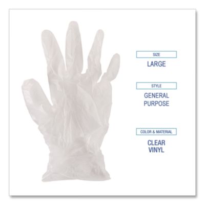 Boardwalk General Purpose Vinyl Gloves, Powder/Latex-Free, 2.6 mil, Large, Clear, 100/Box, 10 Boxes/Carton (BWK365LCT) BWK365LCT