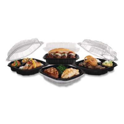 Anchor Packaging Culinary Lites Microwavable 3-Compartment Container, 20 oz/5 oz/5 oz, 9 x 9 x 3.13, Clear/Black, Plastic, 100/Carton (ANZ4699931) ANZ4699931
