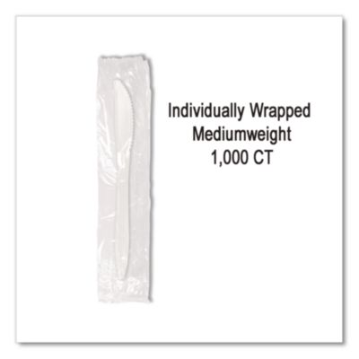 Berkley Square Individually Wrapped Mediumweight Cutlery, Knife, Plastic, White, 1,000/Carton (BSQ1101000) BSQ1101000