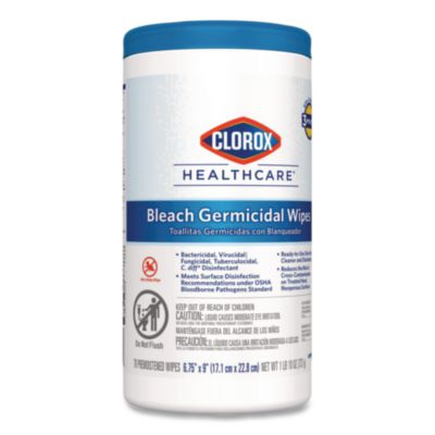 Clorox Healthcare Bleach Germicidal Wipes, 1-Ply, 6.75 x 9, Unscented, White, 70/Canister, 6 Canisters/Carton (CLO35309CT) CLO35309CT
