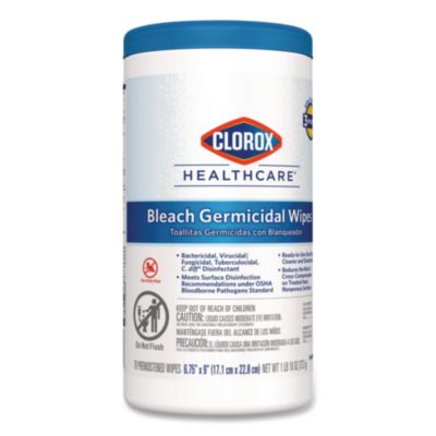 Clorox Healthcare Bleach Germicidal Wipes, 1-Ply, 6.75 x 9, Unscented, White, 70/Canister (CLO35309) CLO35309