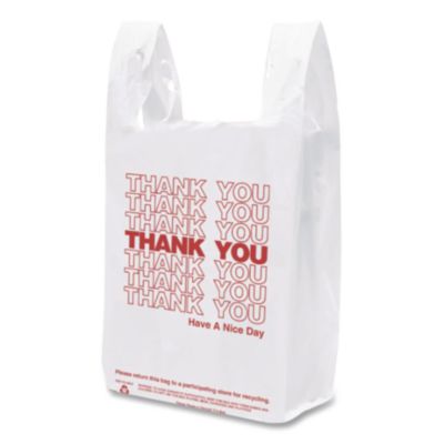 Barnes Paper Company Plastic Thank-You T-Sack, Thank You - Have a Nice Day Labeling, Cut-Out Handles, 4" x 6" x 15", White/Red, 2,000/Carton (BPC6415THYOU) BPC6415THYOU