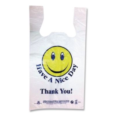 Barnes Paper Company Smiley Face Shopping Bags, Thank You - Have a Nice Day Labeling, Cut-Out Handles, 11.5" x 6.5" x 21", White/Red, 900/Carton (BPCT16SMILEY) BPCT16SMILEY