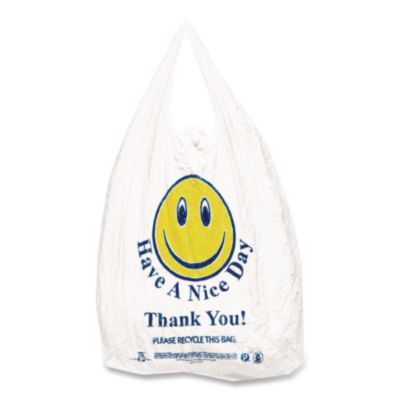 Barnes Paper Company Smiley Face Shopping Bags, Thank You - Have a Nice Day Labeling, Cut-Out Handles, 11.5" x 6.5" x 21", White/Red, 900/Carton (BPCT16SMILEY) BPCT16SMILEY