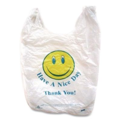 Barnes Paper Company Smiley Face Shopping Bags, Thank You - Have a Nice Day Labeling, Cut-Out Handles, 11.5" x 6.5" x 21", White/Red, 900/Carton (BPCT16SMILEY) BPCT16SMILEY