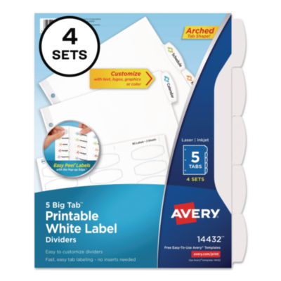 Avery Big Tab Printable White Label Tab Dividers, 5-Tab, 11 x 8.5, White, 4 Sets (AVE14432) AVE14432