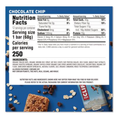CLIF Bar Energy Bar, Chocolate Chip, 2.4 Oz, 12/box (CBC160004) CBC160004