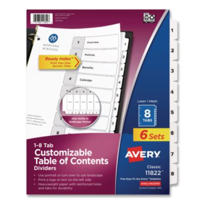 Avery Customizable Table of Contents Ready Index Black and White Dividers, 8-Tab, 1 to 8, 11 x 8.5, White, 6 Sets (AVE11822) AVE11822