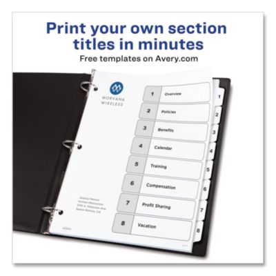 Avery Customizable TOC Ready Index Black and White Dividers, 8-Tab, 1 to 8, 11 x 8.5, 1 Set (AVE11132) AVE11132