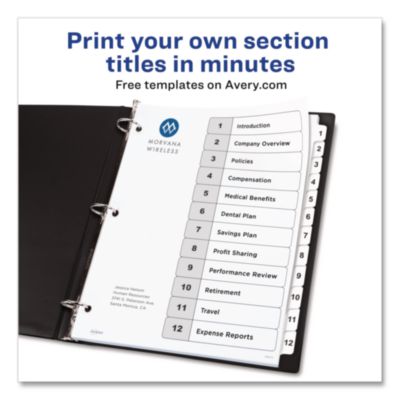 Avery Customizable TOC Ready Index Black and White Dividers, 12-Tab, 1 to 12, 11 x 8.5, 1 Set (AVE11140) AVE11140