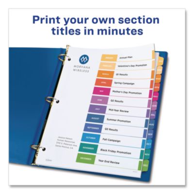 Avery Customizable TOC Ready Index Multicolor Tab Dividers, 12-Tab, Jan. to Dec., 11 x 8.5, White, Traditional Color Tabs, 1 Set (AVE11127) AVE11127