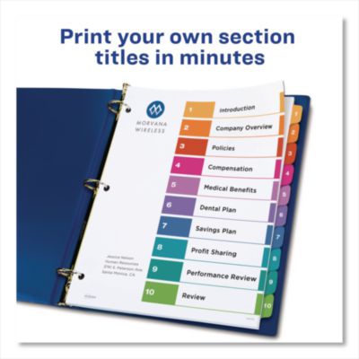 Avery Customizable TOC Ready Index Multicolor Tab Dividers, Uncollated, 10-Tab, 1 to 10, 11 x 8.5, White, 24 Sets (AVE11169) AVE11169