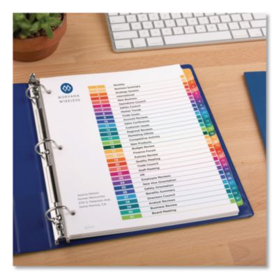 Avery Customizable TOC Ready Index Multicolor Tab Dividers, 31-Tab, 1 to 31, 11 x 8.5, White, Traditional Color Tabs, 1 Set (AVE11129) AVE11129