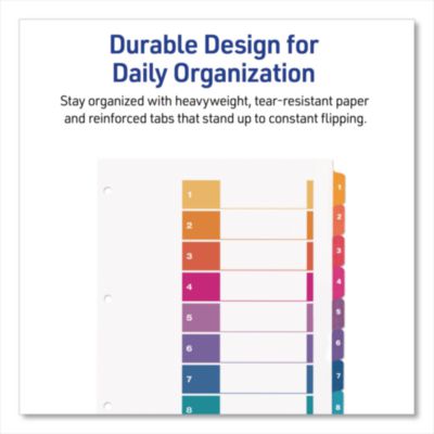 Avery Customizable TOC Ready Index Multicolor Tab Dividers, Extra Wide Tabs, 8-Tab, 1 to 8, 11 x 9.25, White, 1 Set (AVE11163) AVE11163