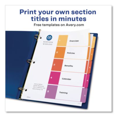 Avery Customizable TOC Ready Index Multicolor Tab Dividers, 5-Tab, 1 to 5, 11 x 8.5, White, Traditional Color Tabs, 1 Set (AVE11131) AVE11131