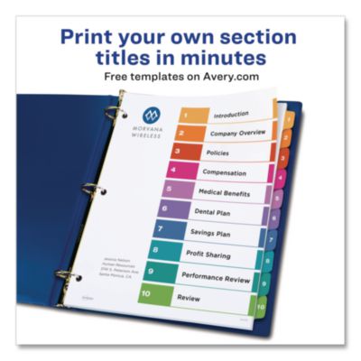 Avery Customizable TOC Ready Index Multicolor Tab Dividers, 10-Tab, 1 to 10, 11 x 8.5, White, Traditional Color Tabs, 1 Set (AVE11135) AVE11135