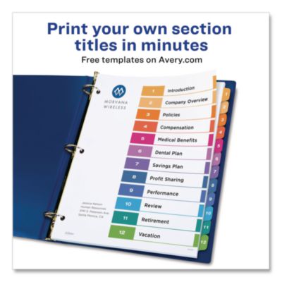 Avery Customizable TOC Ready Index Multicolor Tab Dividers, 12-Tab, 1 to 12, 11 x 8.5, White, Traditional Color Tabs, 1 Set (AVE11141) AVE11141