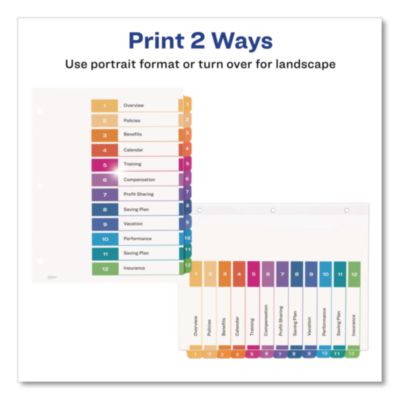 Avery Customizable TOC Ready Index Multicolor Tab Dividers, 12-Tab, 1 to 12, 11 x 8.5, White, Traditional Color Tabs, 1 Set (AVE11141) AVE11141